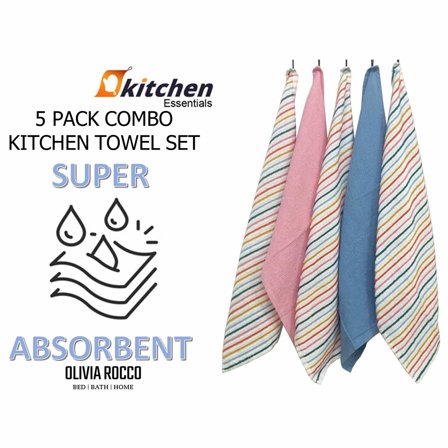 5 Pack Super Absorbent Cotton Kitchen Tea Towels Striped Quick Drying Reusable Ribbed Waffle 45cm x 65cm