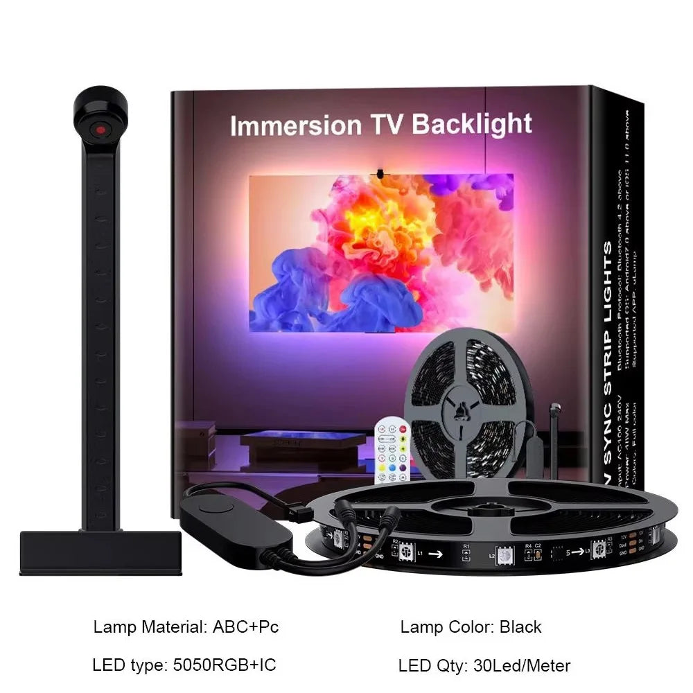 Immersion TV backlight kit with LED strip, remote control, and packaging on a white background