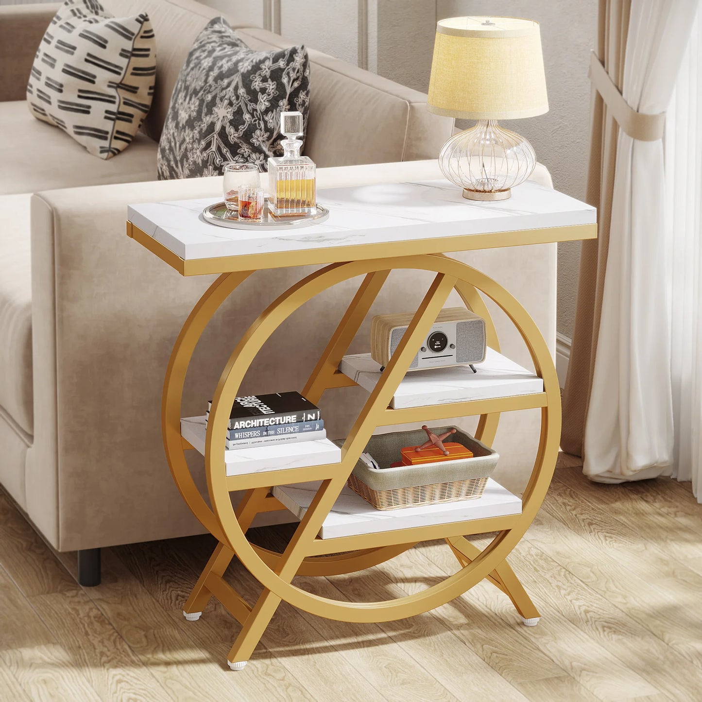 Geometric 3-Tier End Table - White & Gold Narrow Side Table for Living Room & Bedroom
