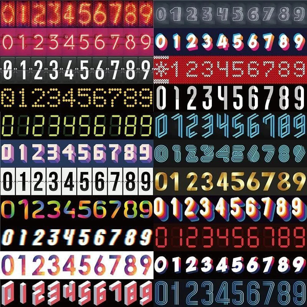 Collection of digital numbers in various colors and styles on a black background