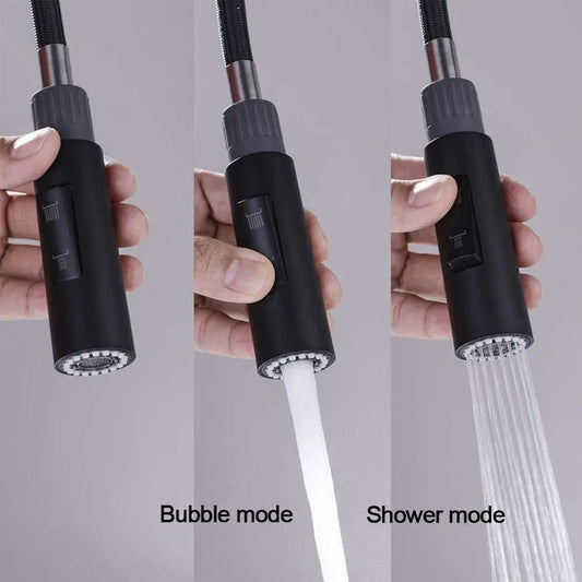 Handheld shower head demonstrating bubble and shower modes on a gray background