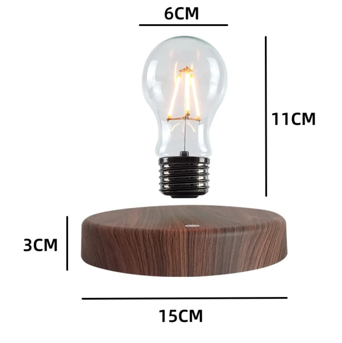 Light bulb on a wooden base with measurements indicated