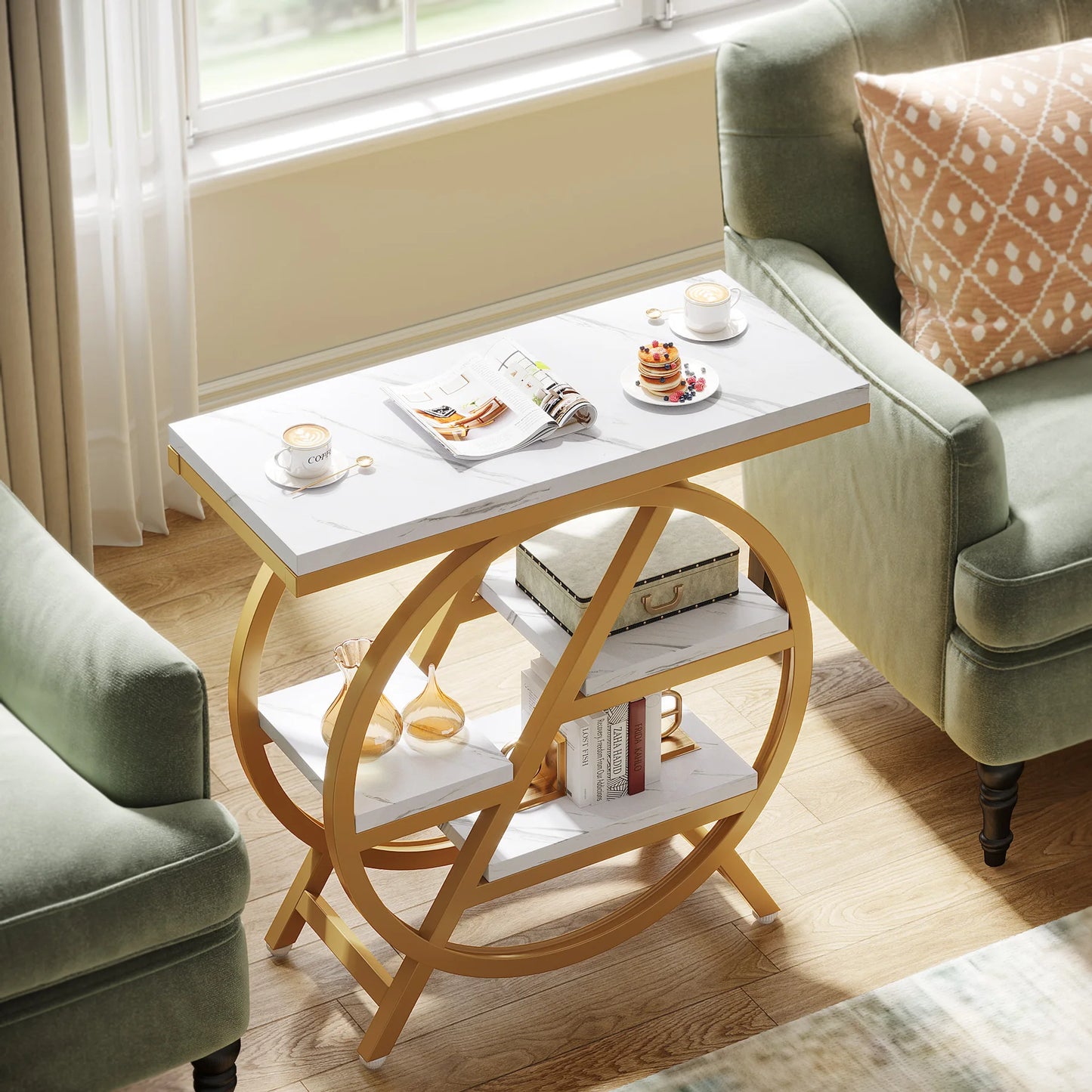 Geometric 3-Tier End Table - White & Gold Narrow Side Table for Living Room & Bedroom