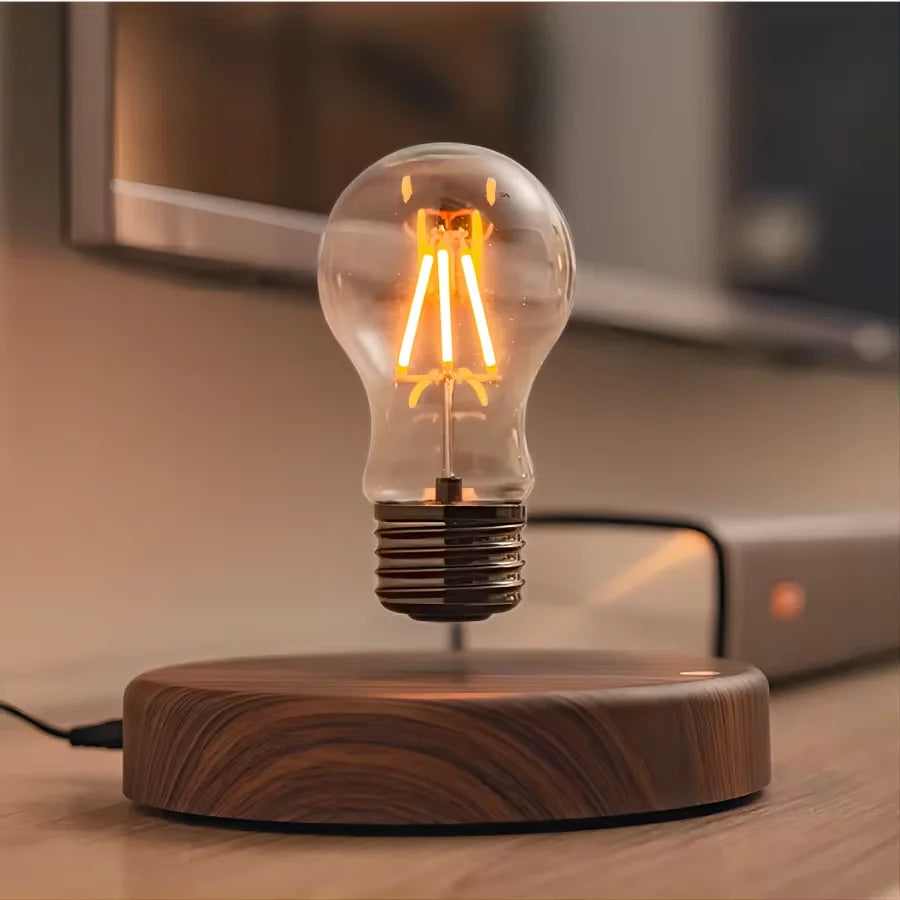 Light bulb levitating on a wooden base with a blurred background