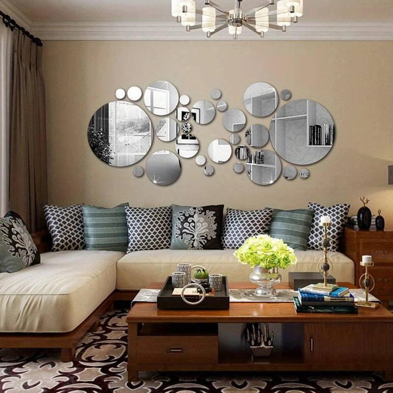 26-Piece 3D Acrylic Mirror Wall Stickers – Round DIY Décor for Bedroom, Living Room, or Office (Silver/Gold)