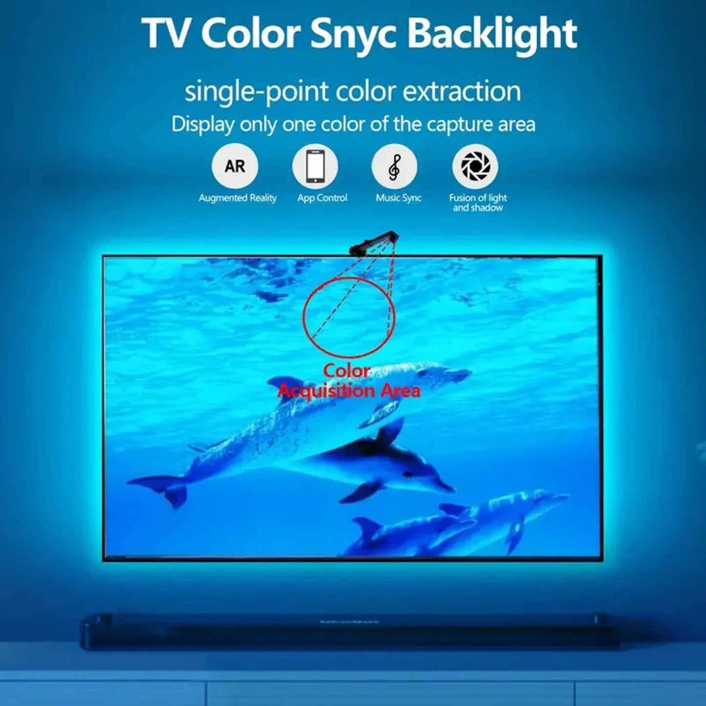 TV screen displaying dolphins with text about TV Color Sync Backlight technology.