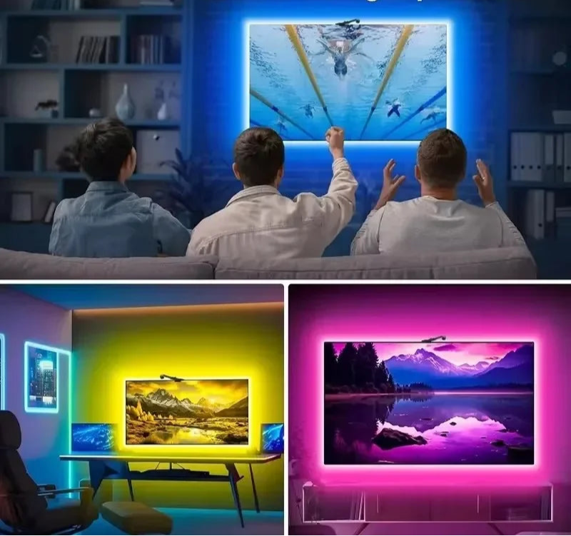 Three people watching a swimming pool on a TV screen, with additional scenes of a mountain landscape and a lake.