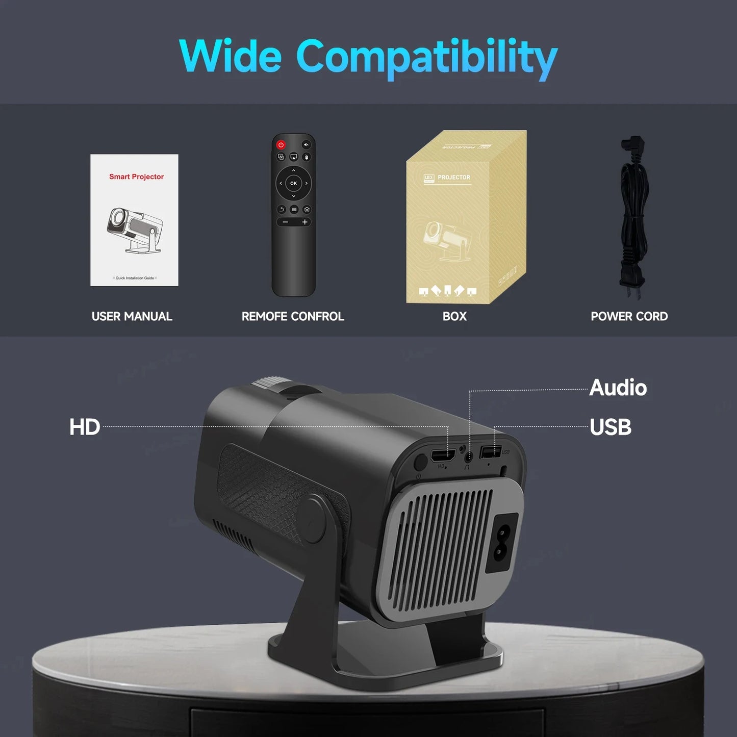 HY320 Mini Projector – Native 720P, 300 ANSI, Wi-Fi 6, Bluetooth 5.0, Android 11, 200” Display