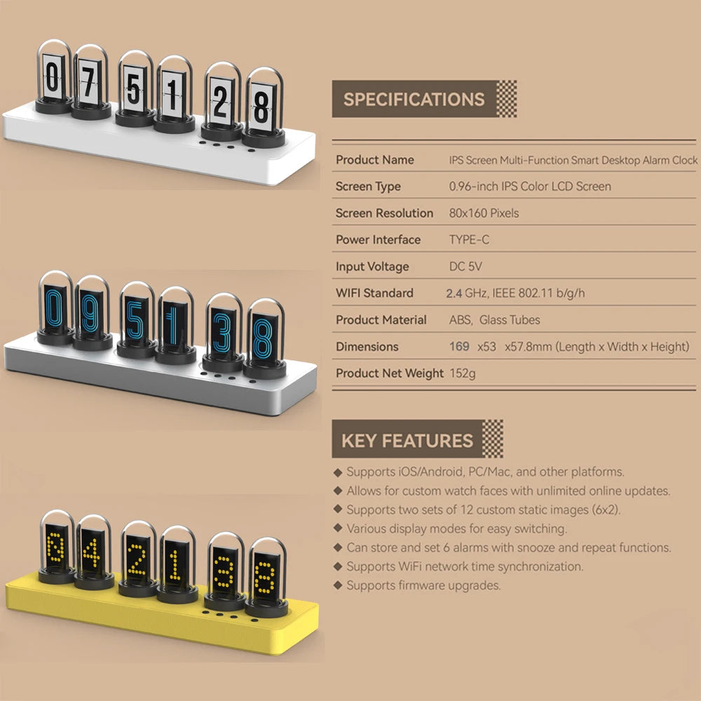 Smart desktop alarm clock with digital and analog display on a beige background, featuring specifications and key features.