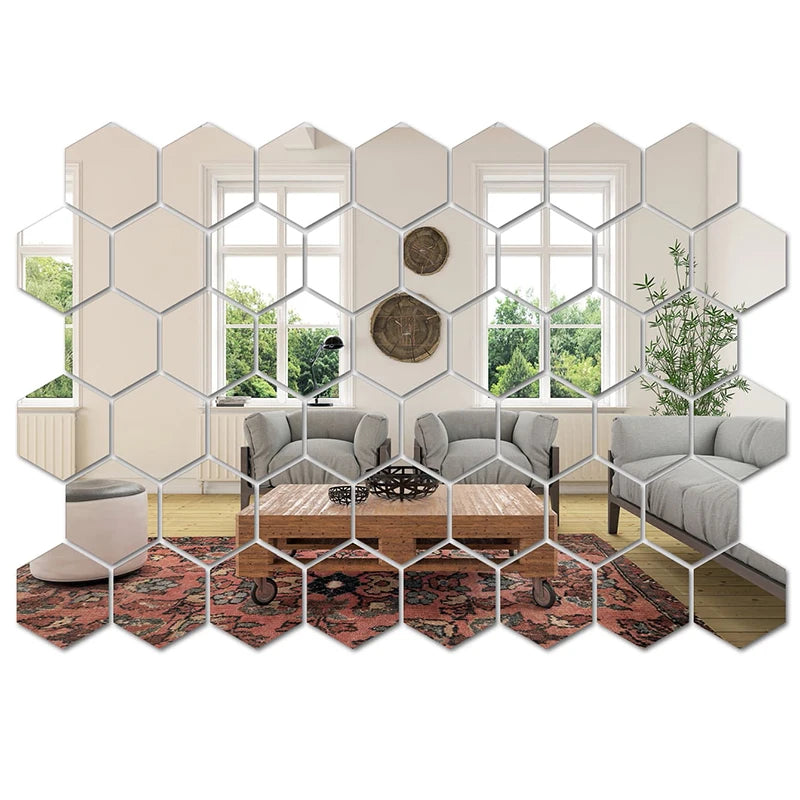 An arrangement of hexagon-shaped mirror wall stickers covering a wall in a living room setting, reflecting light and creating a geometric pattern.