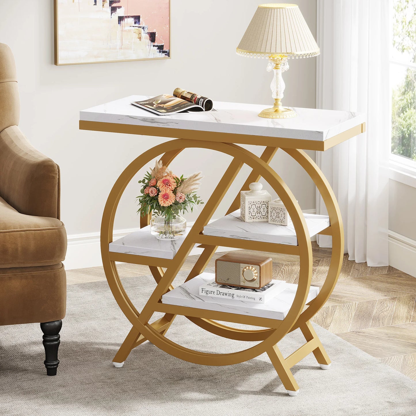 Geometric 3-Tier End Table - White & Gold Narrow Side Table for Living Room & Bedroom