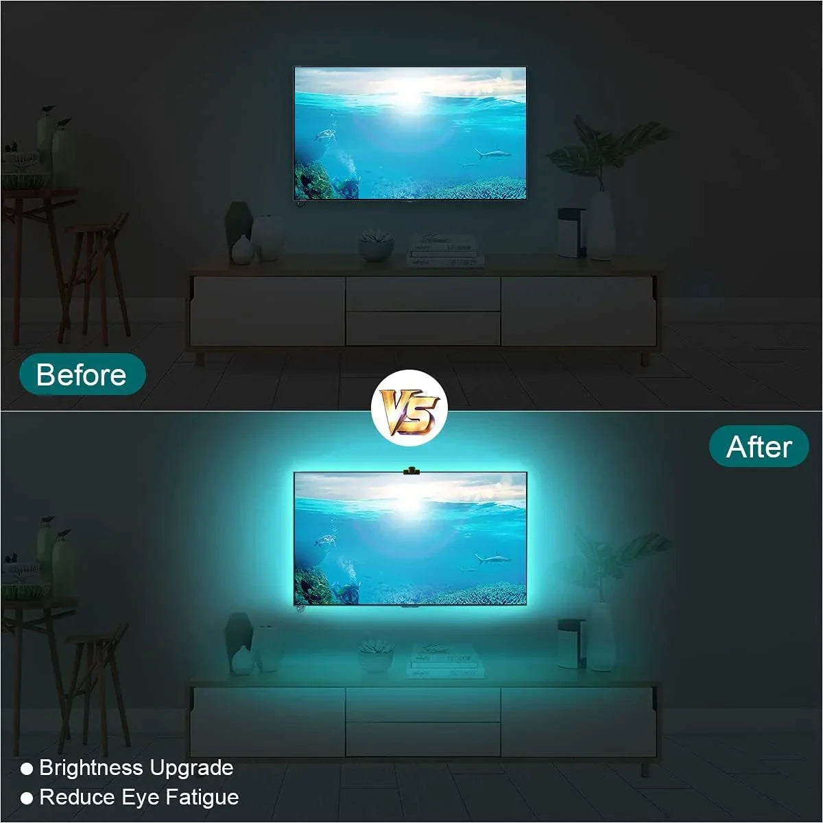 Before and after comparison of a TV screen in a dark room with brightness upgrade feature.