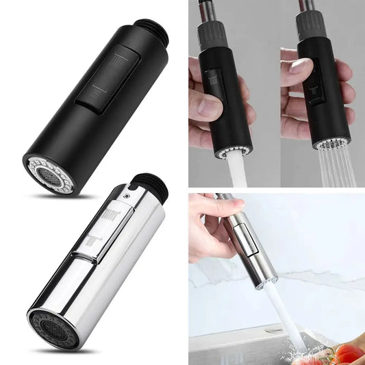 Black and silver handheld showerheads with water flow demonstration on a white background
