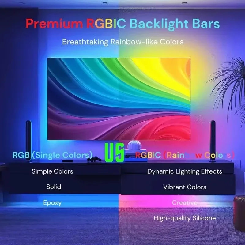 Living room with a TV displaying vibrant rainbow colors, featuring RGBIC backlight bars.