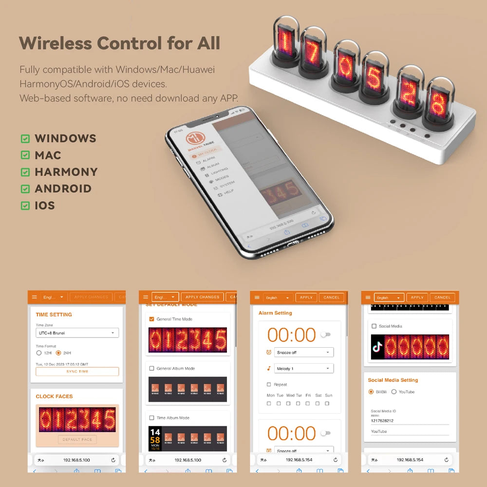 Digital clock with wireless control features displayed on a smartphone app interface.