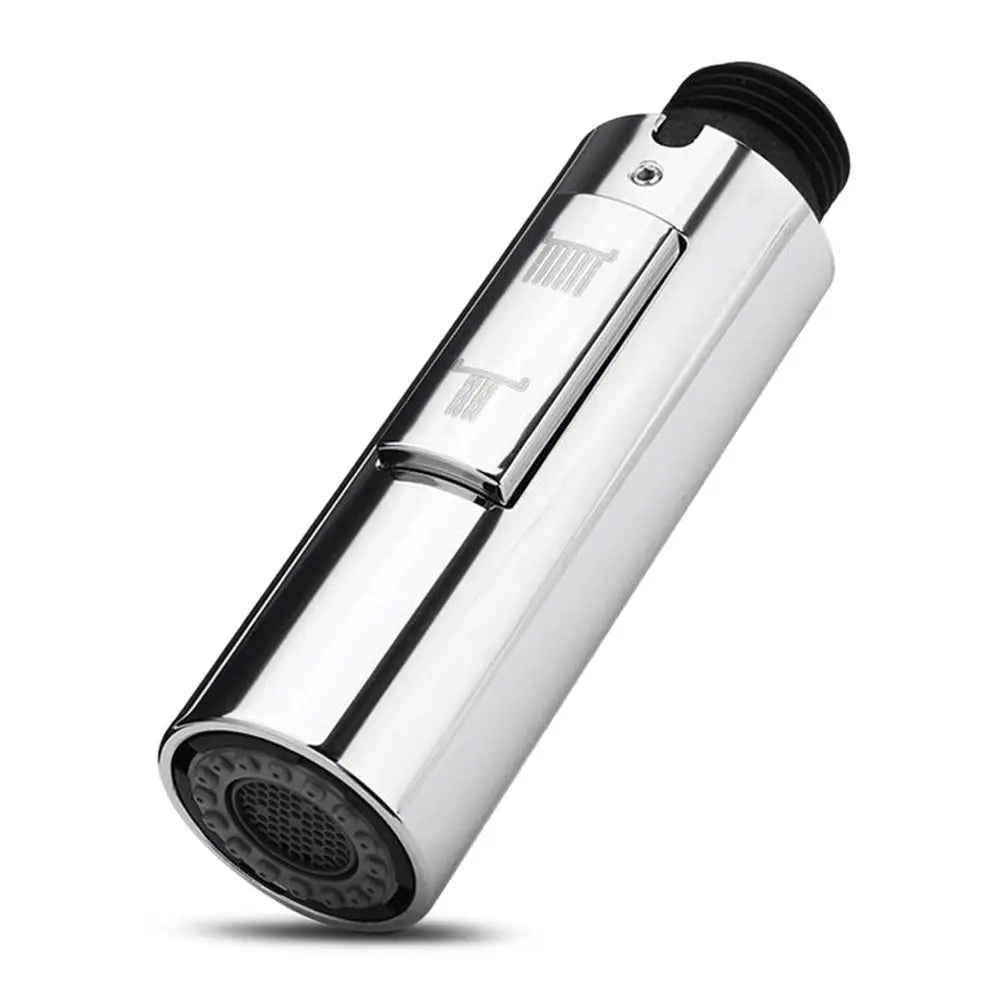 Chrome kitchen faucet spray head on a white background