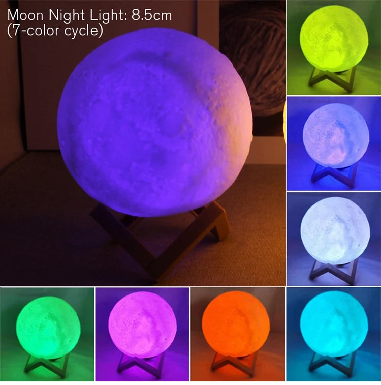 8.5cm LED Moon Lamp – 7 Color Changing Night Light with Stand | Battery Powered for Kids, Gifts & Bedroom Decor