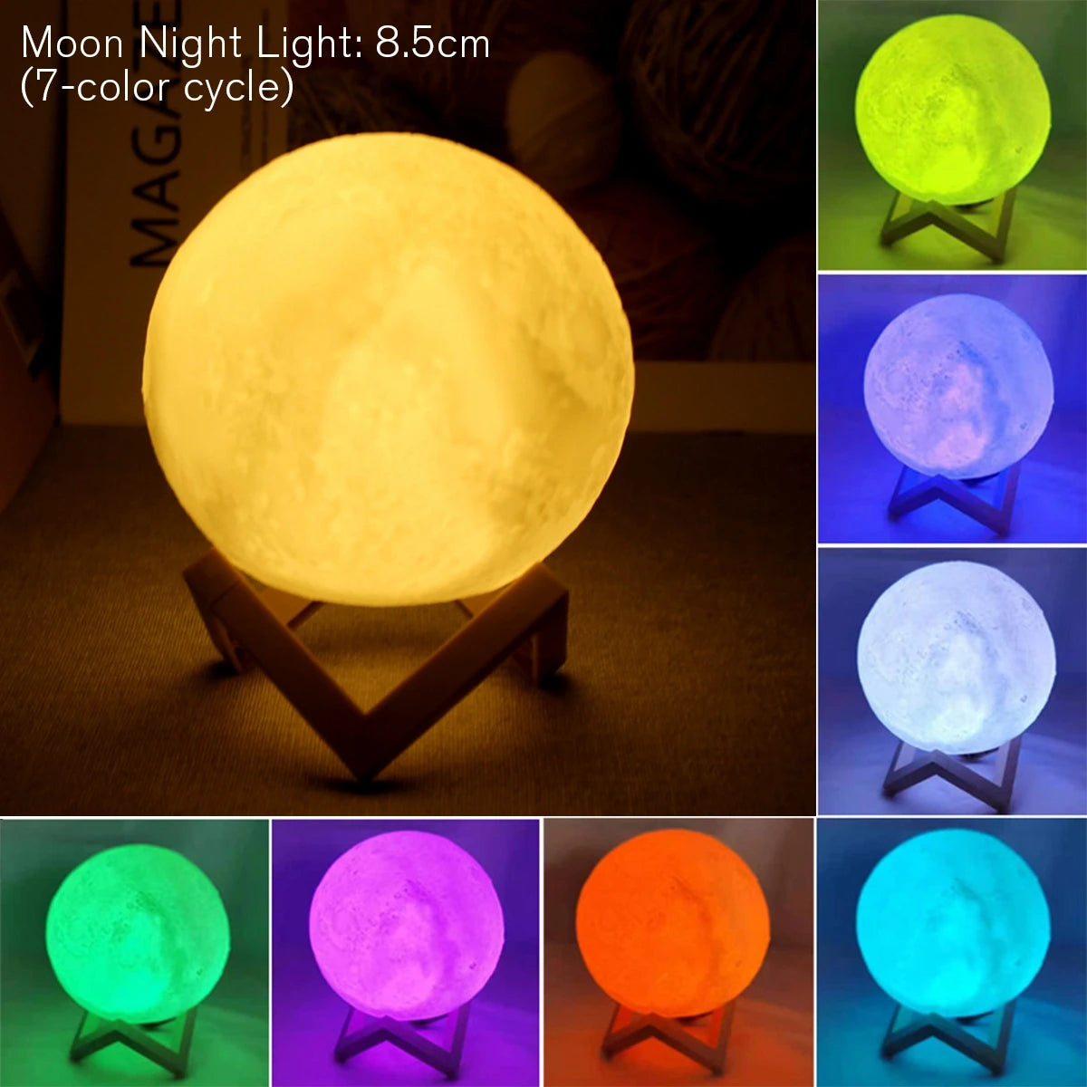 8.5cm LED Moon Lamp – 7 Color Changing Night Light with Stand | Battery Powered for Kids, Gifts & Bedroom Decor