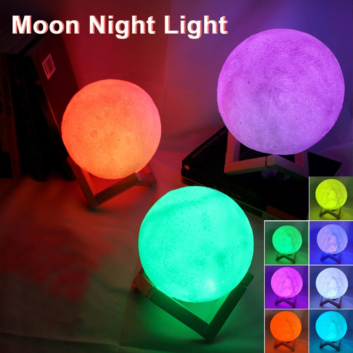8.5cm LED Moon Lamp – 7 Color Changing Night Light with Stand | Battery Powered for Kids, Gifts & Bedroom Decor