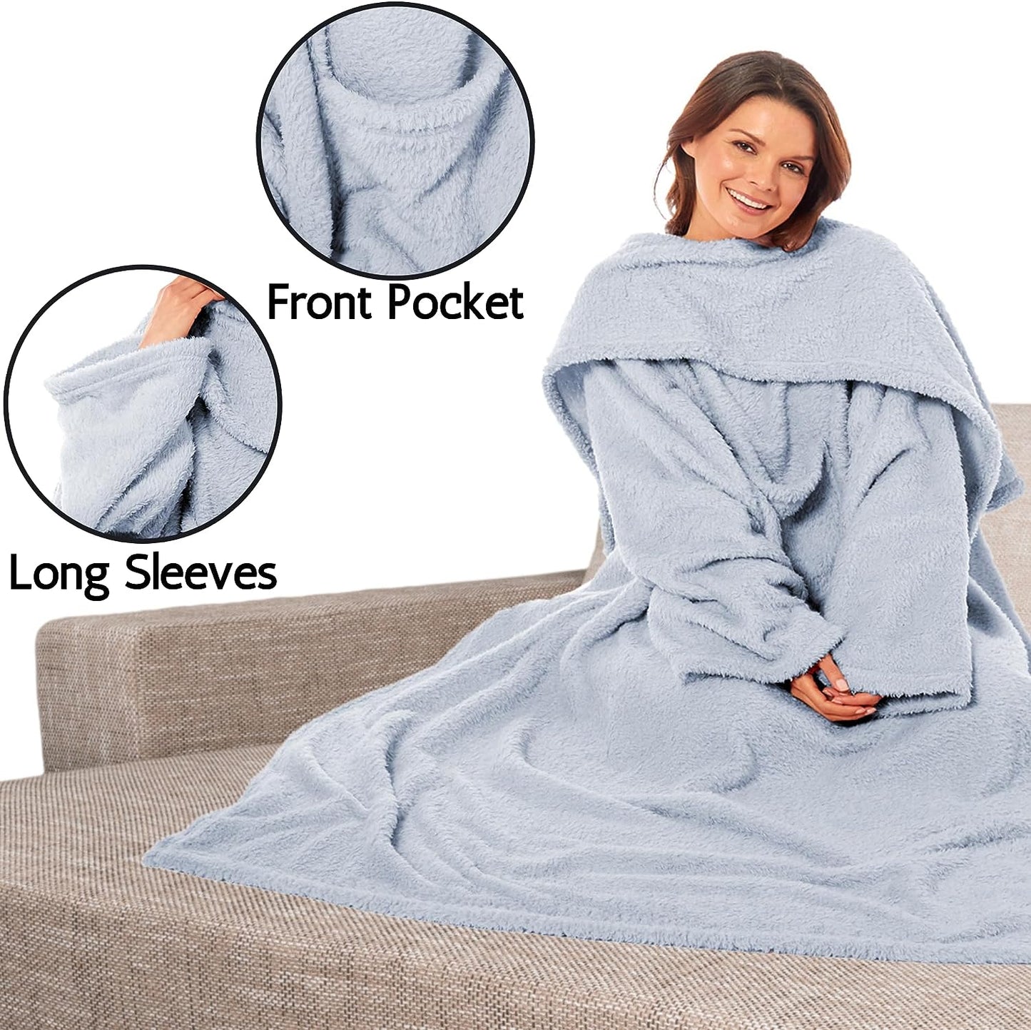 Ultra Soft Cozy Fleece Wearable TV Blanket with Sleeves and Pocket Throw for Lounging and Reading for Women and Men 140x183cm Multiple Colors