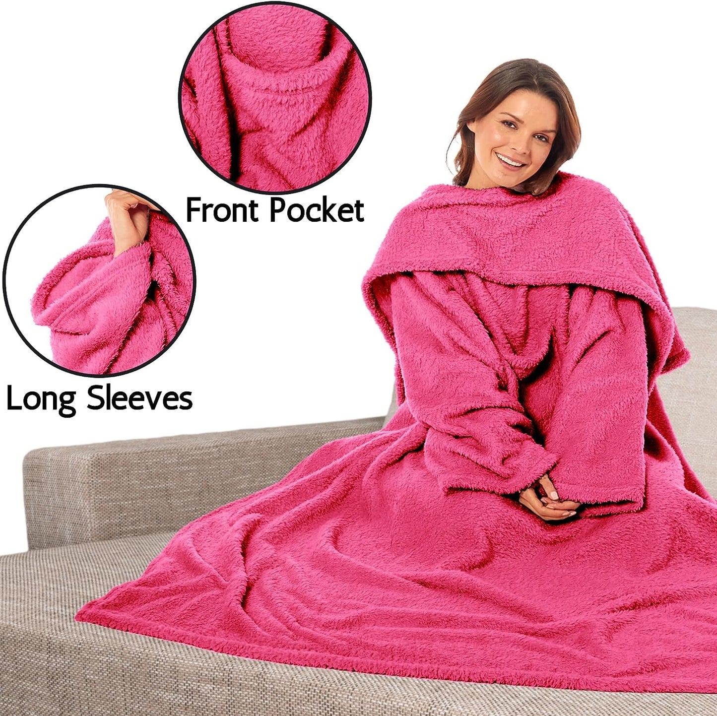 Ultra Soft Cozy Fleece Wearable TV Blanket with Sleeves and Pocket Throw for Lounging and Reading for Women and Men 140x183cm Multiple Colors