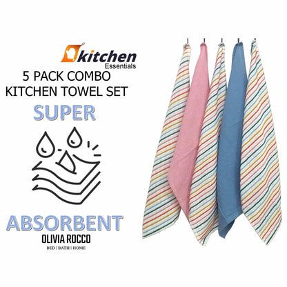 5 Pack Super Absorbent Cotton Kitchen Tea Towels Striped Quick Drying Reusable Ribbed Waffle 45cm x 65cm