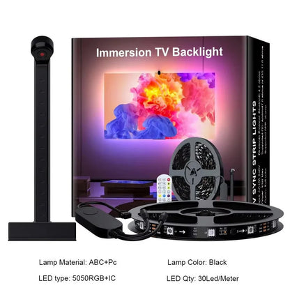 Immersion TV backlight kit with LED strip, remote control, and packaging on a white background