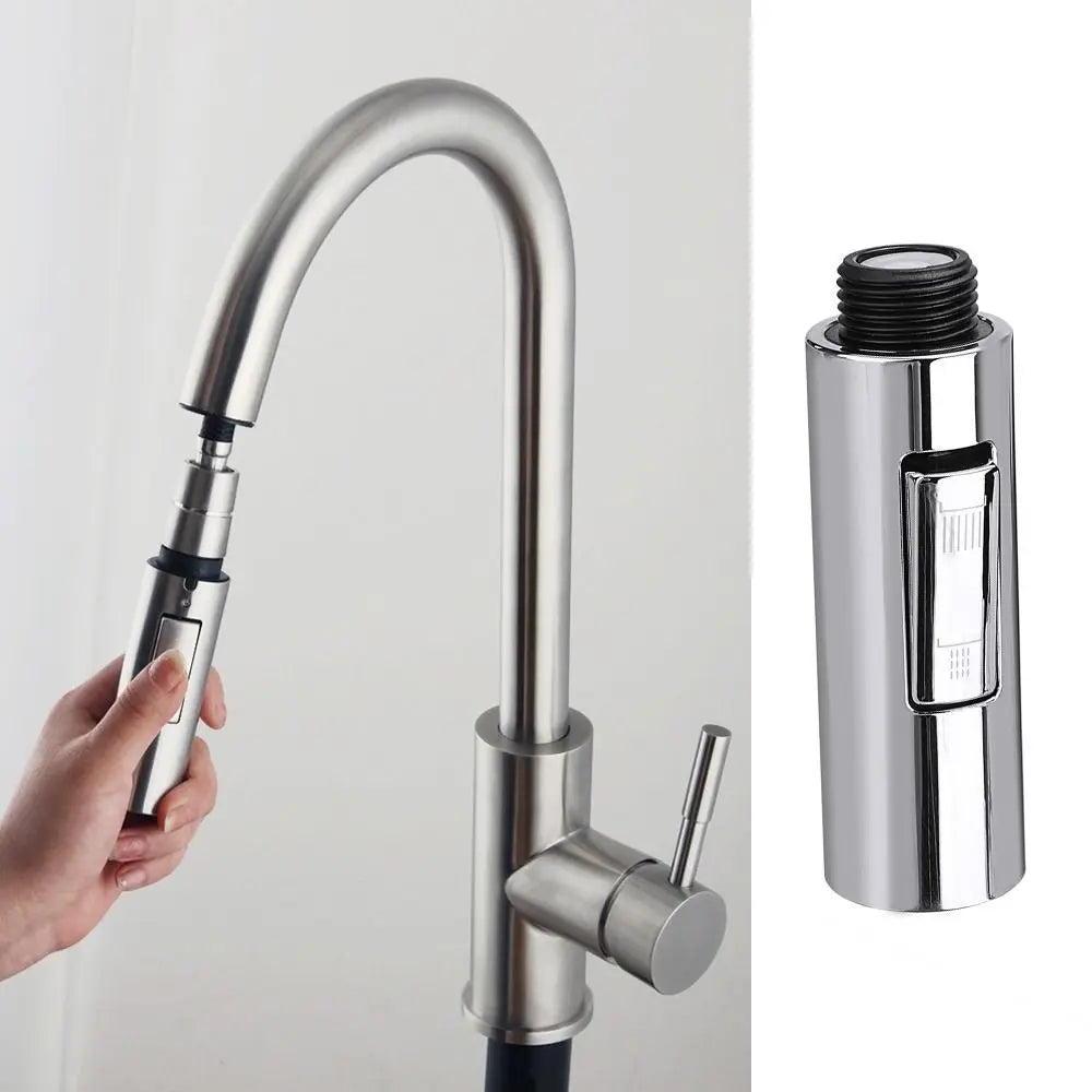 Stainless steel kitchen faucet with a hand holding it and a close-up of the handle on a white background.