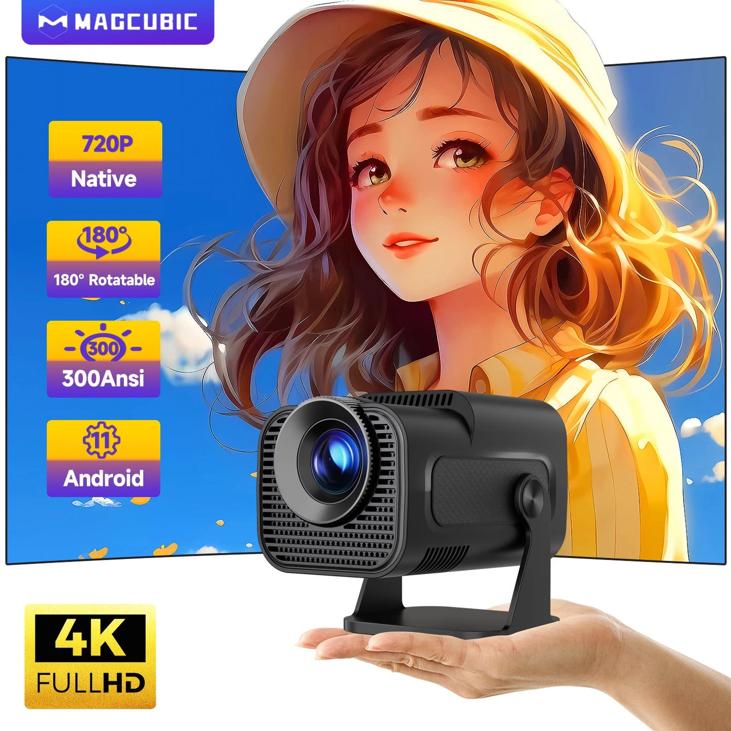 HY320 Mini Projector – Native 720P, 300 ANSI, Wi-Fi 6, Bluetooth 5.0, Android 11, 200” Display