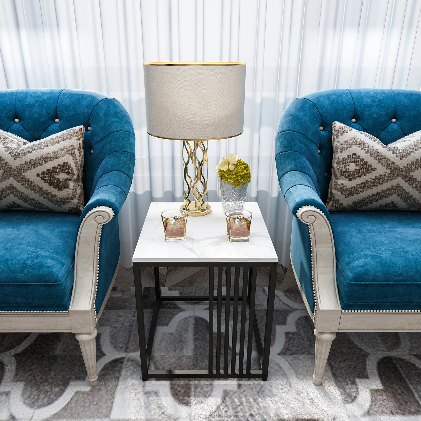 A side table with a lamp and glasses in a living room setting.