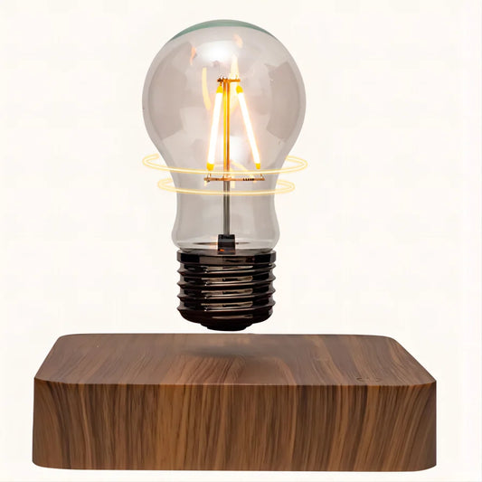 Light bulb on a square wooden base against a white background