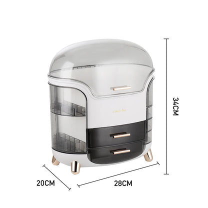 Stylish Makeup Storage Box 28x20x34cm Large Capacity Organizer with Drawers Lipstick Holders Rotating Brush Compartments,White