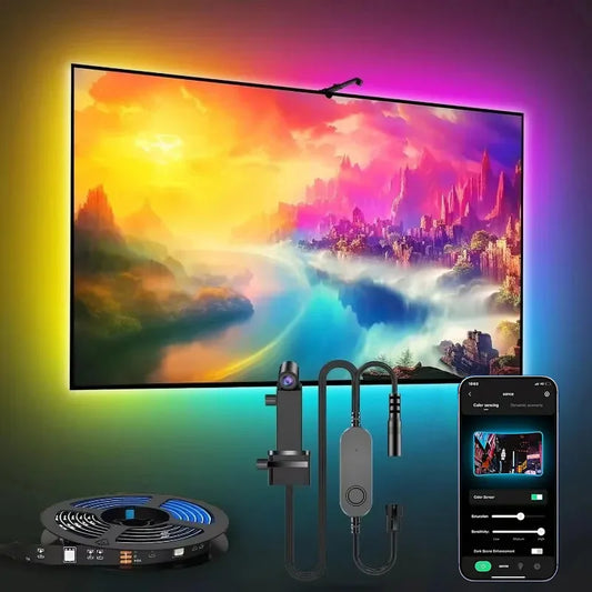 Smart TV setup with remote control, smartphone, and additional devices on a colorful background