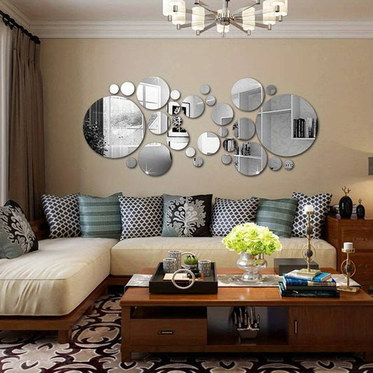 26-Piece 3D Acrylic Mirror Wall Stickers – Round DIY Décor for Bedroom, Living Room, or Office (Silver/Gold)