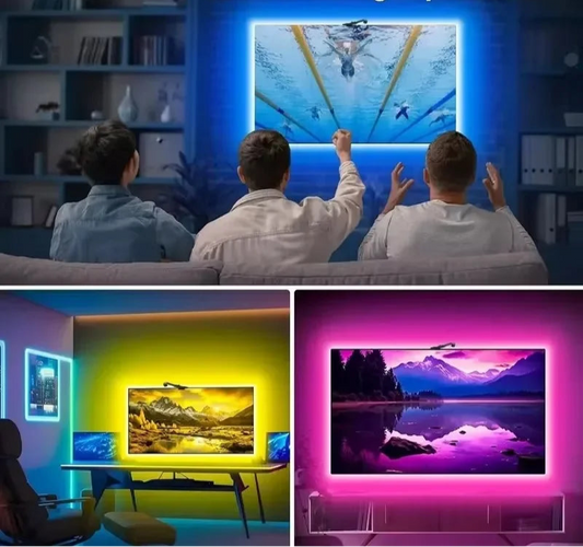 Three people watching a swimming pool on a TV screen, with additional scenes of a mountain landscape and a lake.