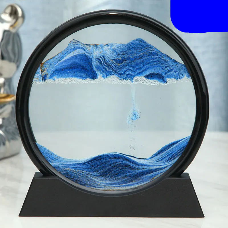 Decorative piece with blue wavy design inside a circular frame on a stand.