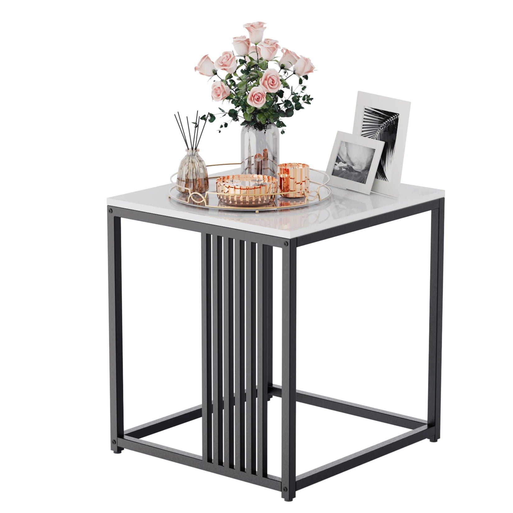 Small side table with decorative items on a white background