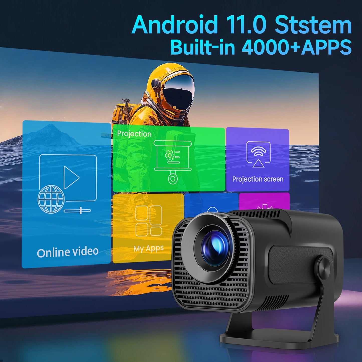 HY320 Mini Projector – Native 720P, 300 ANSI, Wi-Fi 6, Bluetooth 5.0, Android 11, 200” Display