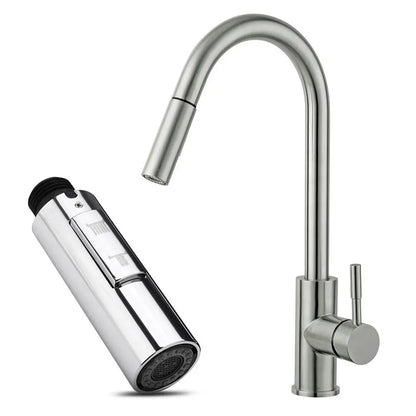 Chrome kitchen faucet with spray head on a white background