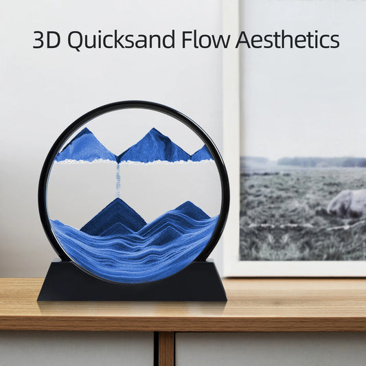 3D quicksand flow art piece on a wooden surface with a blurred landscape in the background.