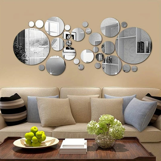 26-Piece 3D Acrylic Mirror Wall Stickers – Round DIY Décor for Bedroom, Living Room, or Office (Silver/Gold)