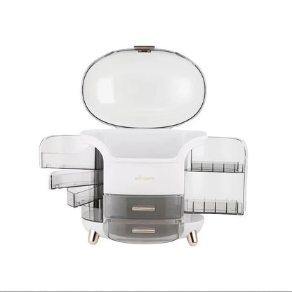 Stylish Makeup Storage Box 28x20x34cm Large Capacity Organizer with Drawers Lipstick Holders Rotating Brush Compartments,White