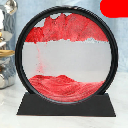 Round decorative item with red and white design on a black stand against a light blue background.