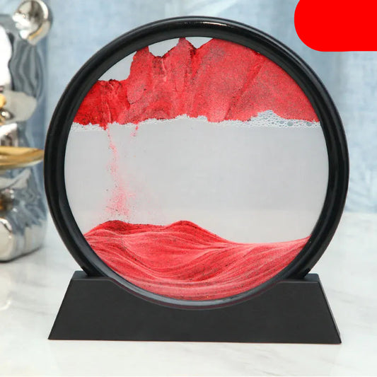 Round decorative item with red and white design on a black stand against a light blue background.