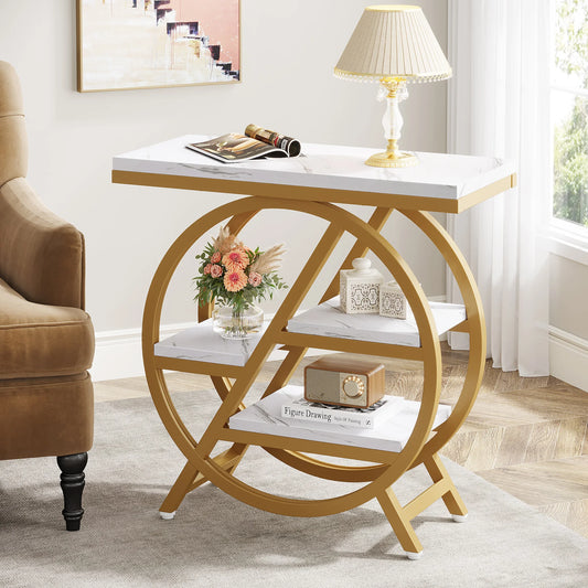 Geometric 3-Tier End Table - White & Gold Narrow Side Table for Living Room & Bedroom