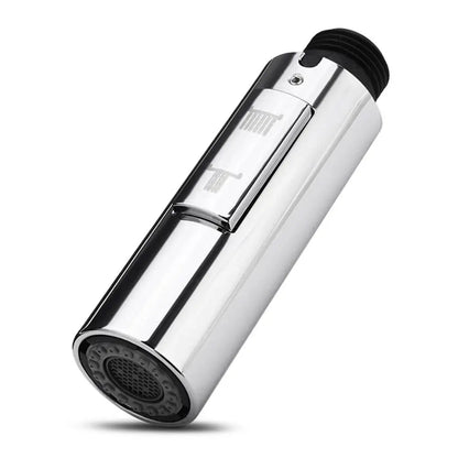 Chrome kitchen faucet spray head on a white background