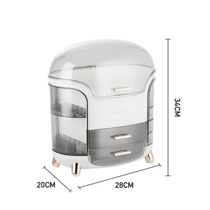Stylish Makeup Storage Box 28x20x34cm Large Capacity Organizer with Drawers Lipstick Holders Rotating Brush Compartments,White